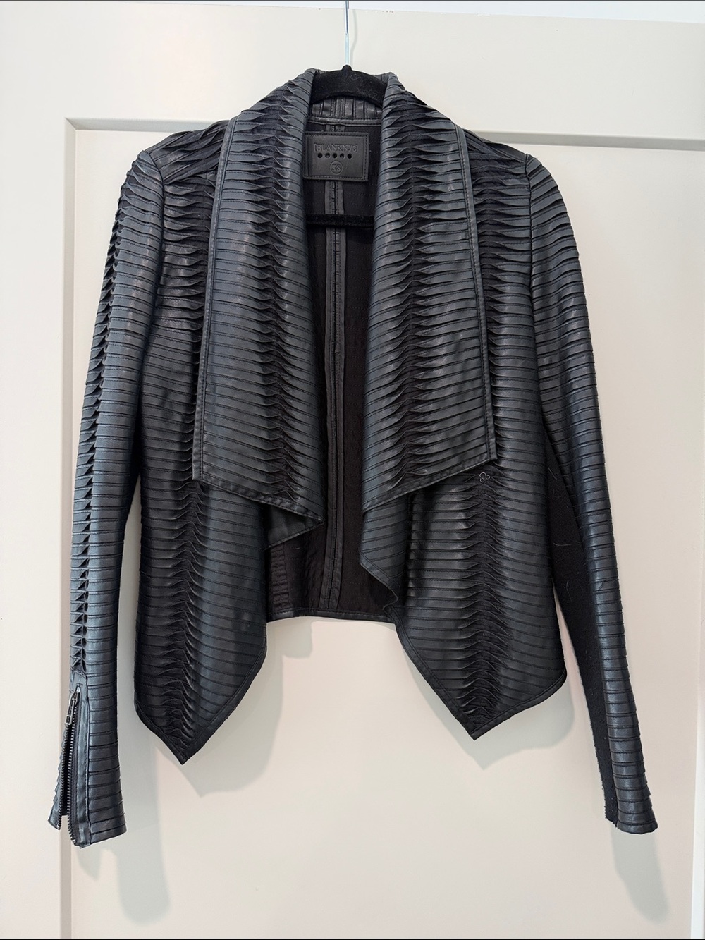 Blank NYC Black Textured Draped Open-Front Leather Jacket